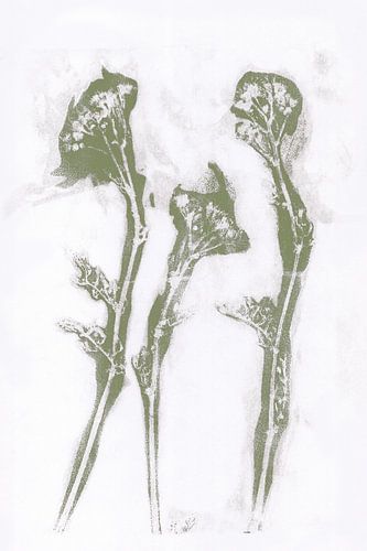 Groene bloemen in japanse stijl. Moderne botanische kunst in pastel warm groen en wit.