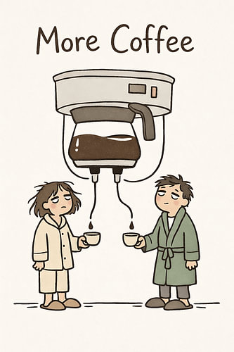Meer koffie: Vermoeid koppel in gewaden met kopjes onder rijdende koffiezetapparaat Ochtendcartoon