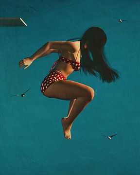 Olieverfschilderij van een vrouw die van duikplank springt