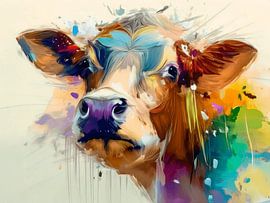 Cool en artistiek portret van een kleurrijke koe van Studio Pieternel