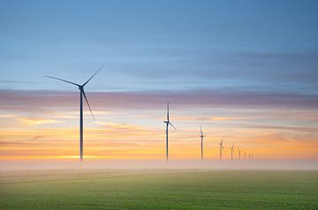 Eine typisch niederländische Landschaft, Windmühlen im Nebel von Peter Heeling