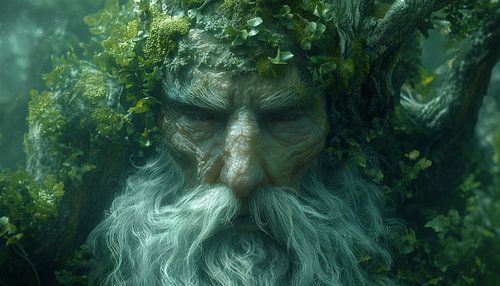 Wijze bosgeest in harmonie met het hart van de boom