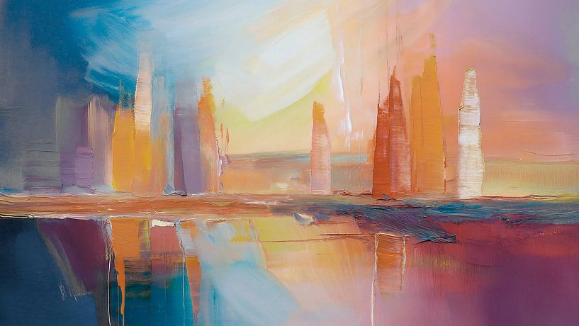 Abstraktes und modernes Gemälde. Skyline in warmen Pastelltönen. von Studio Pieternel