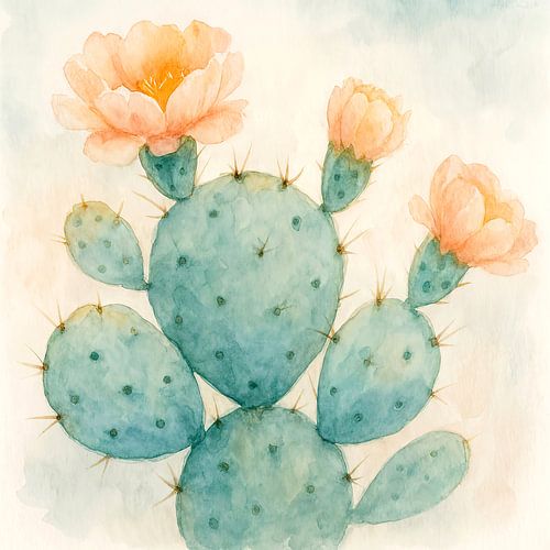 Close up cactus in bloei (AI) (aquarel, schilderij, pastel, zachte kleuren, roze, oranje, bloemen, zomers, rustgevend, woestijn)