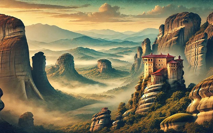 Affiche vintage de la Grèce, Monastères des Météores par Chromatic Fusion Studio