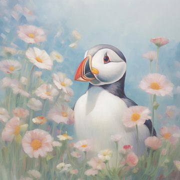 Dreamy puffin surrounded by flowers by Whale & Sons