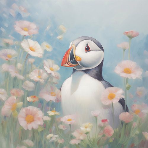 Dreamy puffin surrounded by flowers