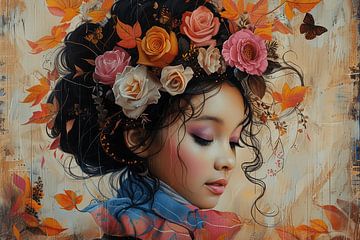 The girl with the flowers and the butterfly, modern portrait by Atelier Pink Blossom