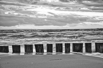 Buhne in Zingst an der Ostsee. Buhnen reichen ins Meer. Landschaftsaufnahme von Martin Köbsch