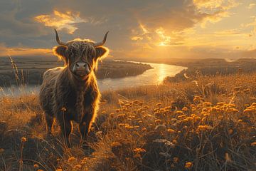 Scottish Highland cattle in heather blossom - Idyllic nature painting for lovers of rural beauty by Felix Brönnimann