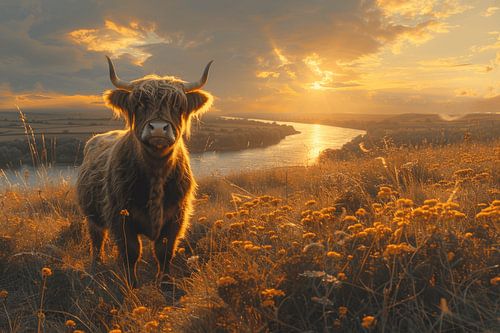 Schots hoogland vee in heidebloesem - Idyllisch natuurschilderij voor liefhebbers van landelijke schoonheid