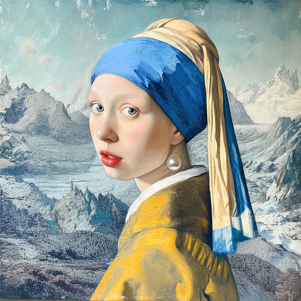 Girl with a pearl earring in the mountains Johannes Vermeer by Vlindertuin-Art