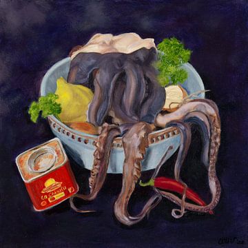 Pulpo alla gallega, octopus gerecht, olieverf van Astridsart