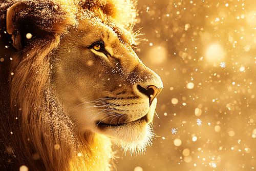 Majestueuze leeuw in gouden sneeuw