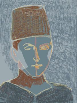 Portret man met fez in blauw van WEST EGG designs