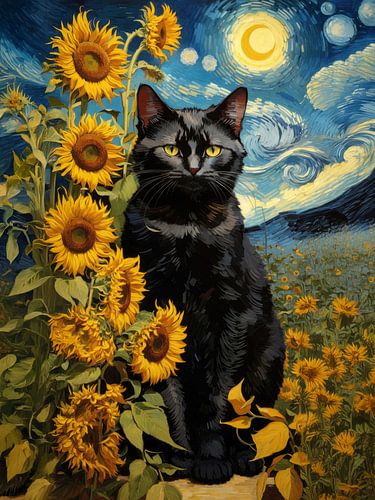 Zwarte kat met zonnebloemen onder een sterrenhemel