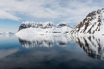 Tief im Fjord ist das Wasser ruhig und spiegelt die Landschaft wider