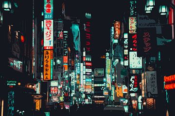 Reclameborden in nachtelijk Shinjuku van Mickéle Godderis