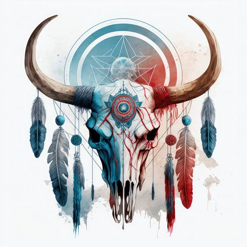 Dreamcatcher bull skull with feathers by Vlindertuin-Art