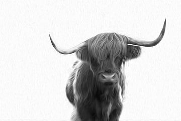 Scottish Highlander in the snow black and white painting by Sander Jacobs