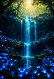 Ethereal Blue Waterfall: Magical Forest Oasis by Artistic