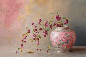 Modern-Chic-Stillleben mit rosa chinesischem Porzellan und Beeren