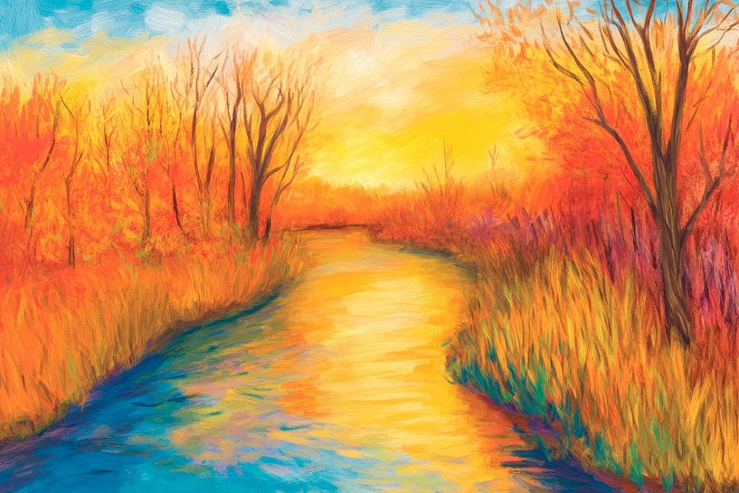 Kleurrijk herfstlandschap bij de rivier van Poster Art Shop