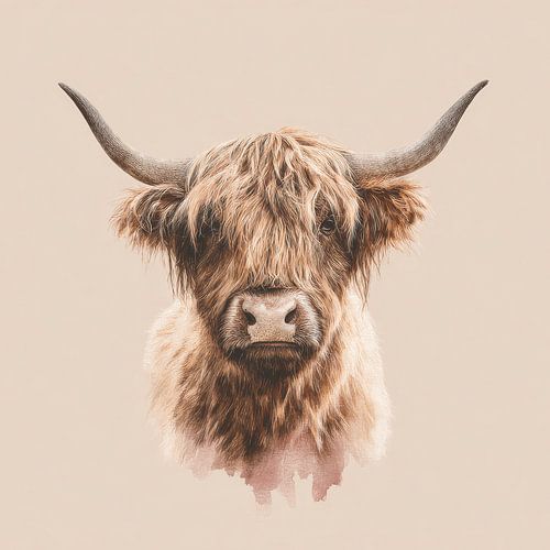 Scottish Highlander in Minimalist Watercolour Style