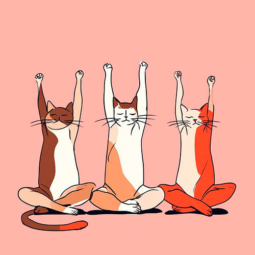 Drei Katzen, die in der Yoga-Haltung sitzen und sich dehnen. von J.a Dijkstra