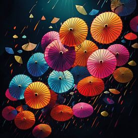 Illustratie van kleurrijke Japanse paraplu's op zwart van Patricia Hofmeester