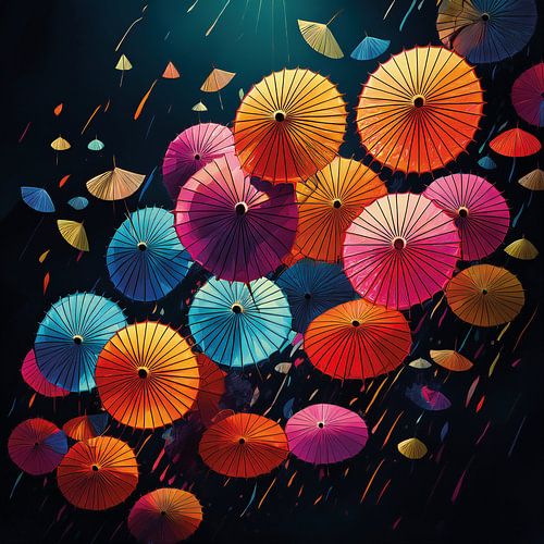 Illustration von farbenfrohen japanischen Regenschirmen's auf schwarzem Hintergrund von Patricia Hofmeester