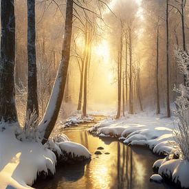 Fog in the winter forest at sunrise