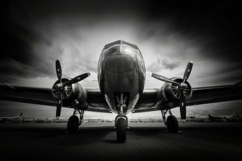 Ein altes Flugzeug in Schwarz-Weiß als Foto für die Wand