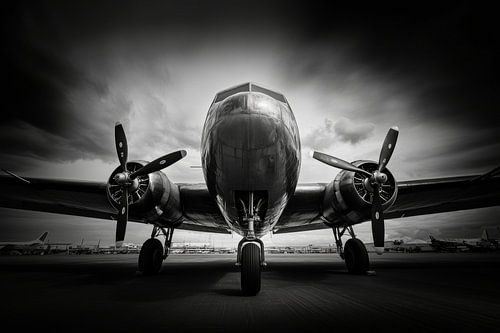 Een oud vintage vliegtuig in zwart wit als foto voor aan de muur