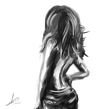 Schwarz-weißes Ölgemälde einer Frau mit Jeans und nacktem Oberkörper von Emiel de Lange