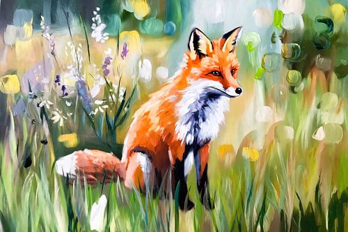 Vos in bloemenveld schilderij