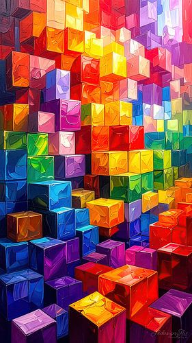 Cubes empilés - Espaces colorés tridimensionnels de cubes empilés dans un triptyque dialogué (1 de 3)