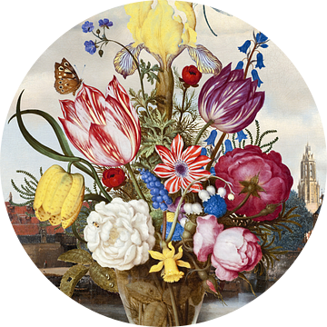 Gezicht op Delft - Achter Vaas met Bloemen van Marja van den Hurk