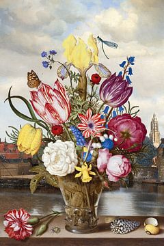 Gezicht op Delft - Achter Vaas met Bloemen by Marja van den Hurk