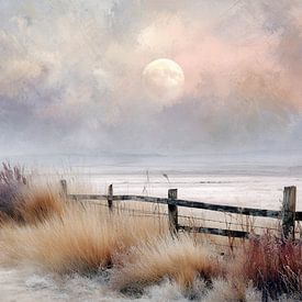 Mondlicht über dem Winterfeld - Poetische Landschaft in Pastell von BowiScapes – Landschaftskunst