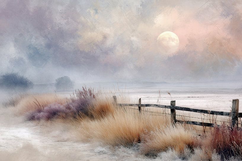 Maanlicht over het Winterveld - Poëtisch Landschap in Pastel van BowiScapes - Fine Art Landschappen