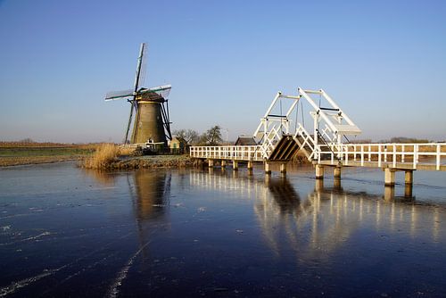 White drawbridge at Kinderdijk Mill.