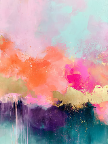 Peinture abstraite colorée dans les tons or, rose, orange et turquoise