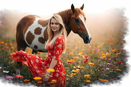 Frau und Pferd auf einer blumenreichen Wiese von Linda de Klein