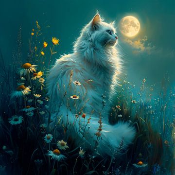 Weiße Mystische Katze – Mondblumenmagie im nächtlichen Garten von Erika Kaisersot