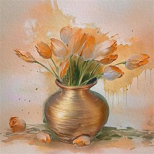 Stilleben. Strauß holländischer Tulpen in goldener Vase