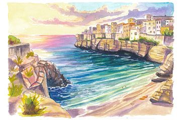 Polignano a Mare Puglia Painting - Turquoise coloured bay of Lama Monachile with cliffs and crystal clear sea