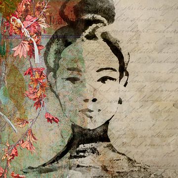 Modern Collage portret van een Aziatische vrouw. Mixed Media. van Studio Pieternel