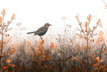 Verborgene Flügel: Kunstwerk eines Vogels auf rustikalem Gras von Karina Brouwer