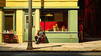 Retro evening terrace in big city film noir style